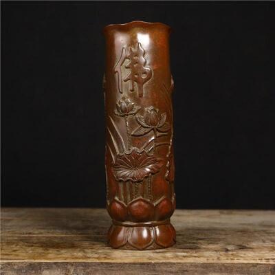 精工铜竹节香筒古风花瓶笔筒竹节花型精工铸造皮色光亮赏玩摆件