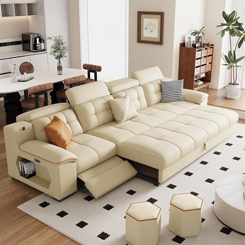 意式极简钢琴键头层真皮沙发零z靠墙电动沙发床两用自动伸缩三人