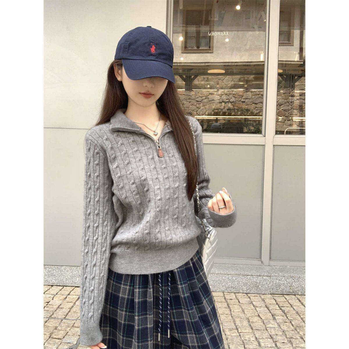 韩式半拉链翻领麻花针织衫女秋冬季灰色修身套头毛衣百搭气质上衣