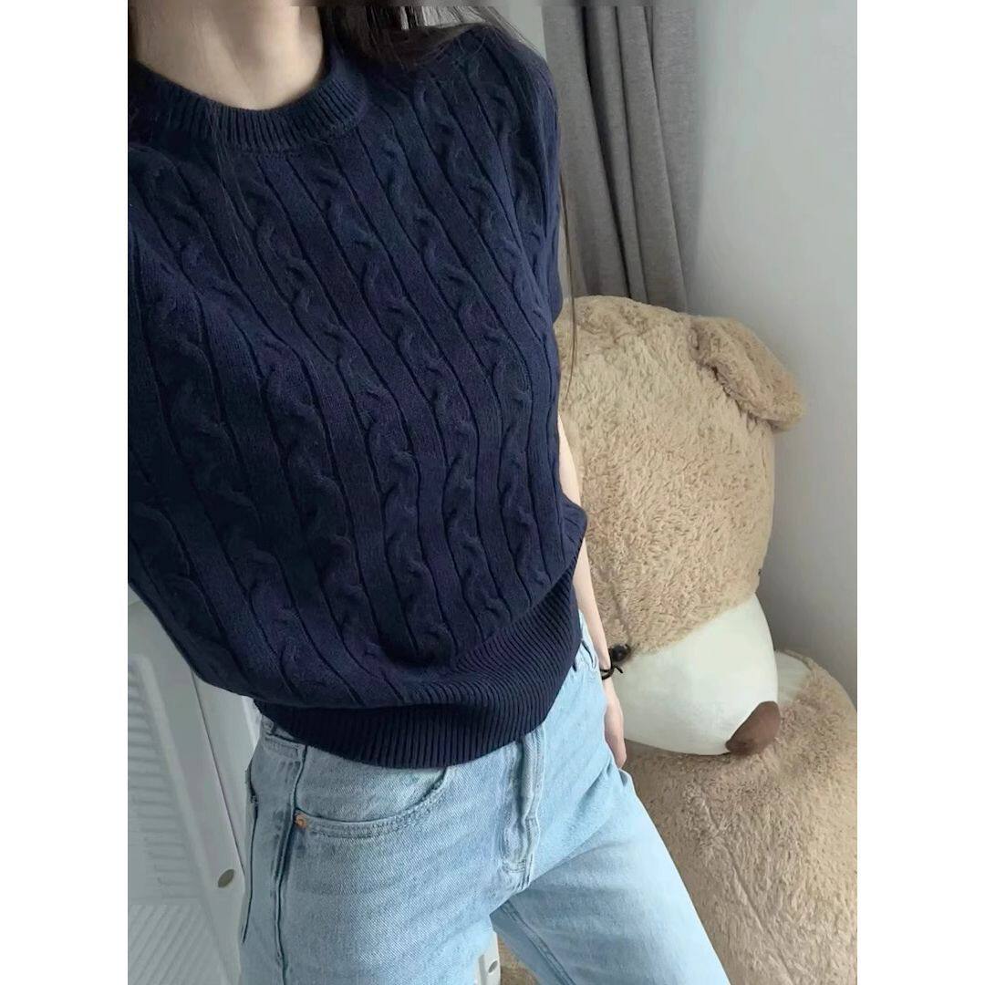 夏季新款设计感麻花纹修身显瘦圆领针织衫纯色正肩女T恤短袖上衣