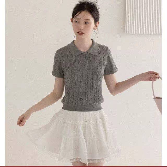 2026灰色麻花纹POLO领短袖针织衫女夏季薄款修身显瘦学院风上衣潮