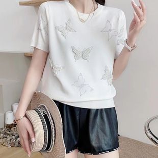 新款 钉珠蝴蝶结针织衫 2025年夏季 韩版 t恤女 上衣时尚 圆领冰丝短袖