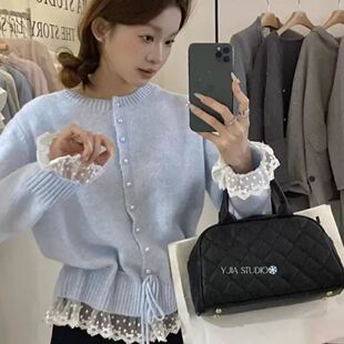 韩系时尚洋气系带毛衣针织打底衫蕾丝拼接长袖上衣秋冬新款女装潮