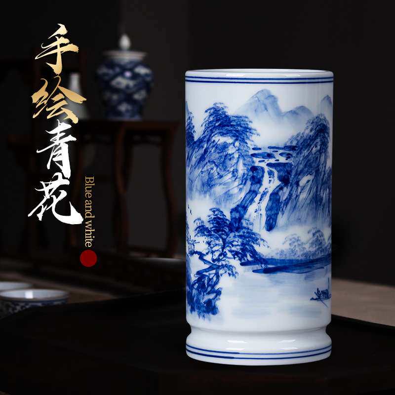 景德镇陶瓷笔筒摆件薄胎中国风青花瓷手绘客厅书房办公室桌面装饰