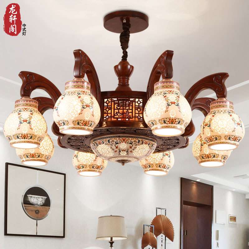 新中式吊灯实木客厅陶瓷灯餐厅仿古酒店别墅复式现代吊灯具中国风