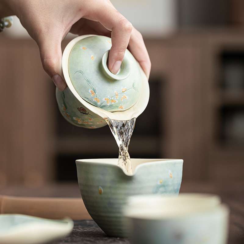 手绘文心兰陶瓷茶碗下午茶泡器茶器女士精致二才盖碗中式田园风