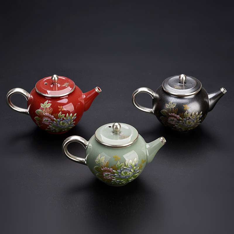 鎏银茶壶小号复古纯手工家用中国红冲茶器茶具单壶陶瓷泡茶牡丹壶