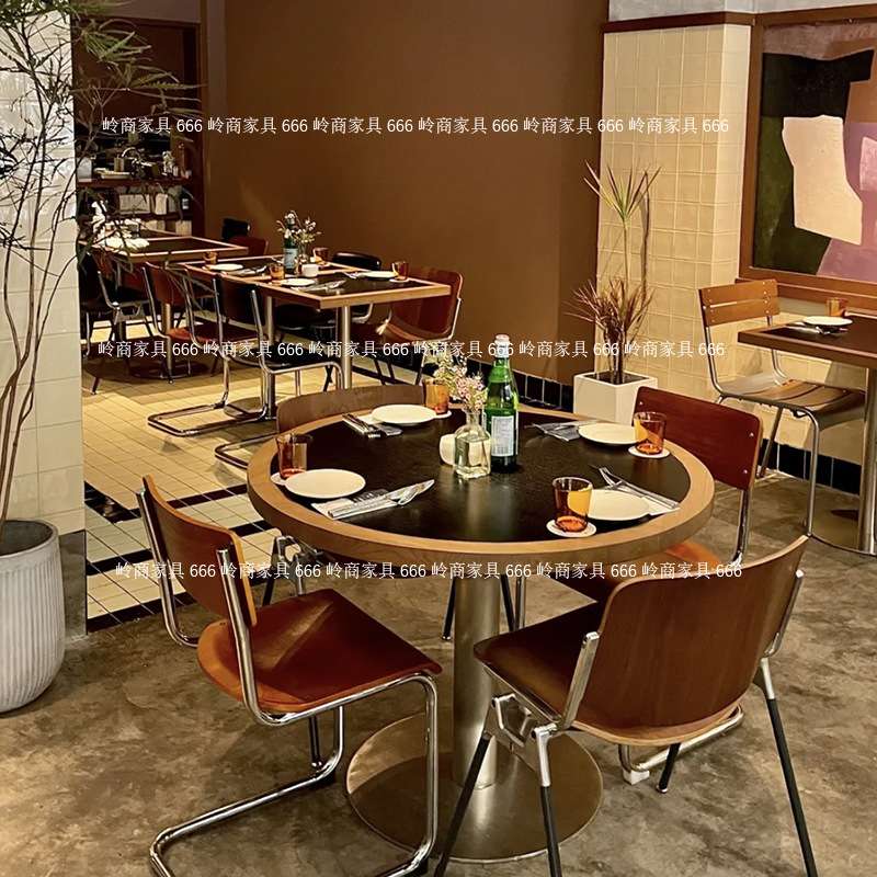 法式餐厅实木岩板咖啡厅奶茶店桌椅组合酒吧西餐厅不锈钢方圆桌
