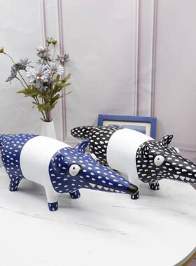 现代简约黑白蓝粉狐狸动物摆件样板房售楼处书房客厅酒店软装饰品