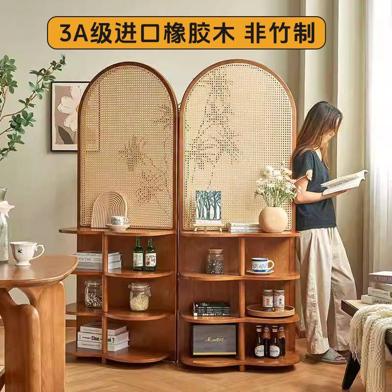 实木藤编屏风隔置物可移动客厅入户玄关遮挡家用卧室花座屏
