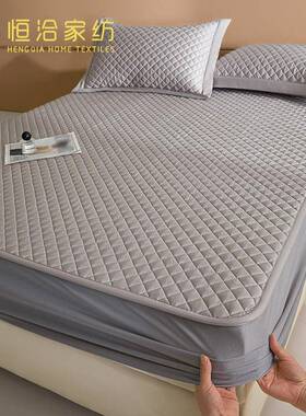 新款长绒棉绗缝夹棉床笠三件套四季通用全棉床垫防滑保护罩灰紫色