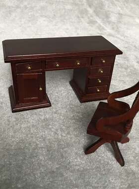 1:12娃娃屋miniature furniture木质迷你家具复古书房场景书桌椅
