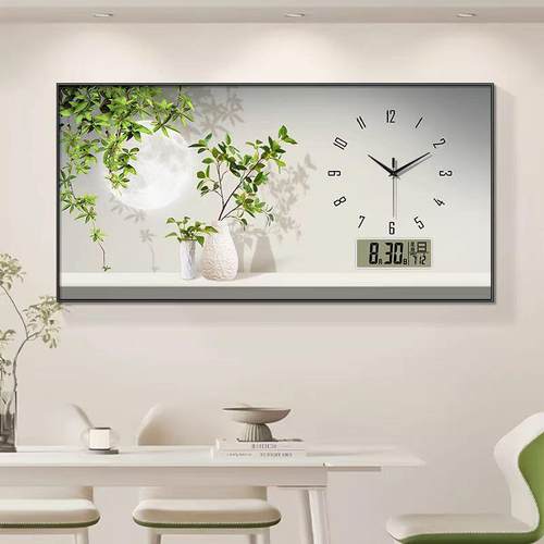钟表挂钟餐厅装饰画小清晰绿植客厅家用新款奶油风万年历时钟挂画