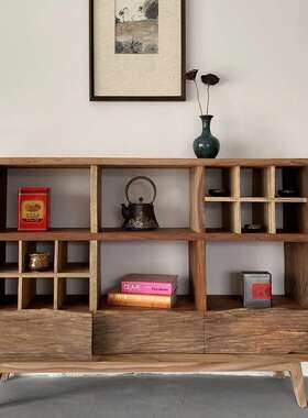 新中式实木玄关边柜茶室家具原木风化储物柜香樟木茶杯展示收纳柜