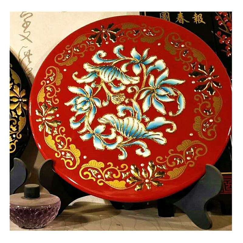 创意木质漆器工艺品摆件纯手工漆画描金彩绘现代中式客厅家居饰品