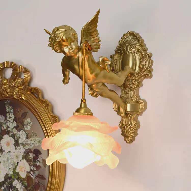 法式全铜天使壁灯中古客厅卧室书房过道墙灯美式复古轻奢水晶灯具