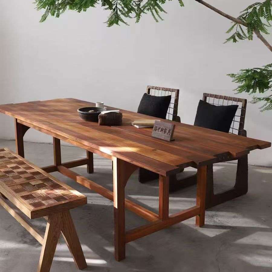 中古风老榆木吃饭桌复古长方形工作台实木茶桌办公室大板桌洽谈桌