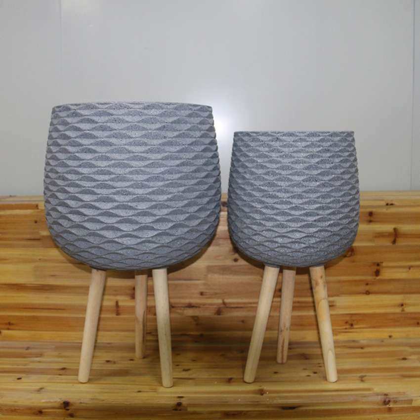 北欧现代花器波浪纹水泥花盆落地大号花缸带木腿镁泥盆落地款盆景