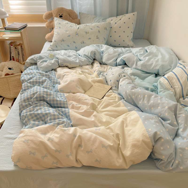 蓝色小清新韩系床单被套四件套床笠三件套四季通用床上用品水洗棉
