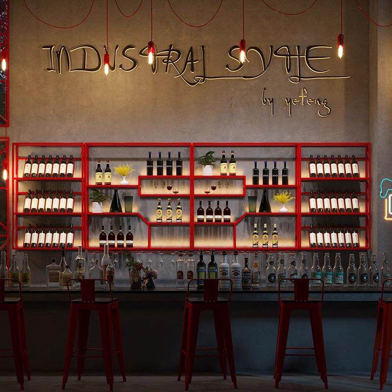 工业风酒架酒柜壁挂式商用音乐餐厅酒吧创意铁艺发光红酒架展示架
