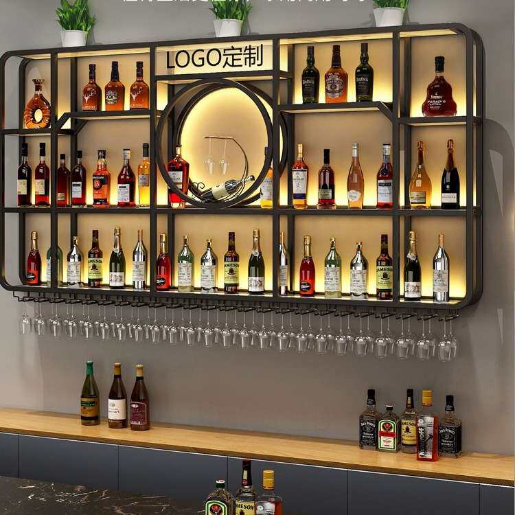 酒吧吧台酒柜壁挂餐厅墙上铁艺带灯展示架工业风酒架置物架轻奢风