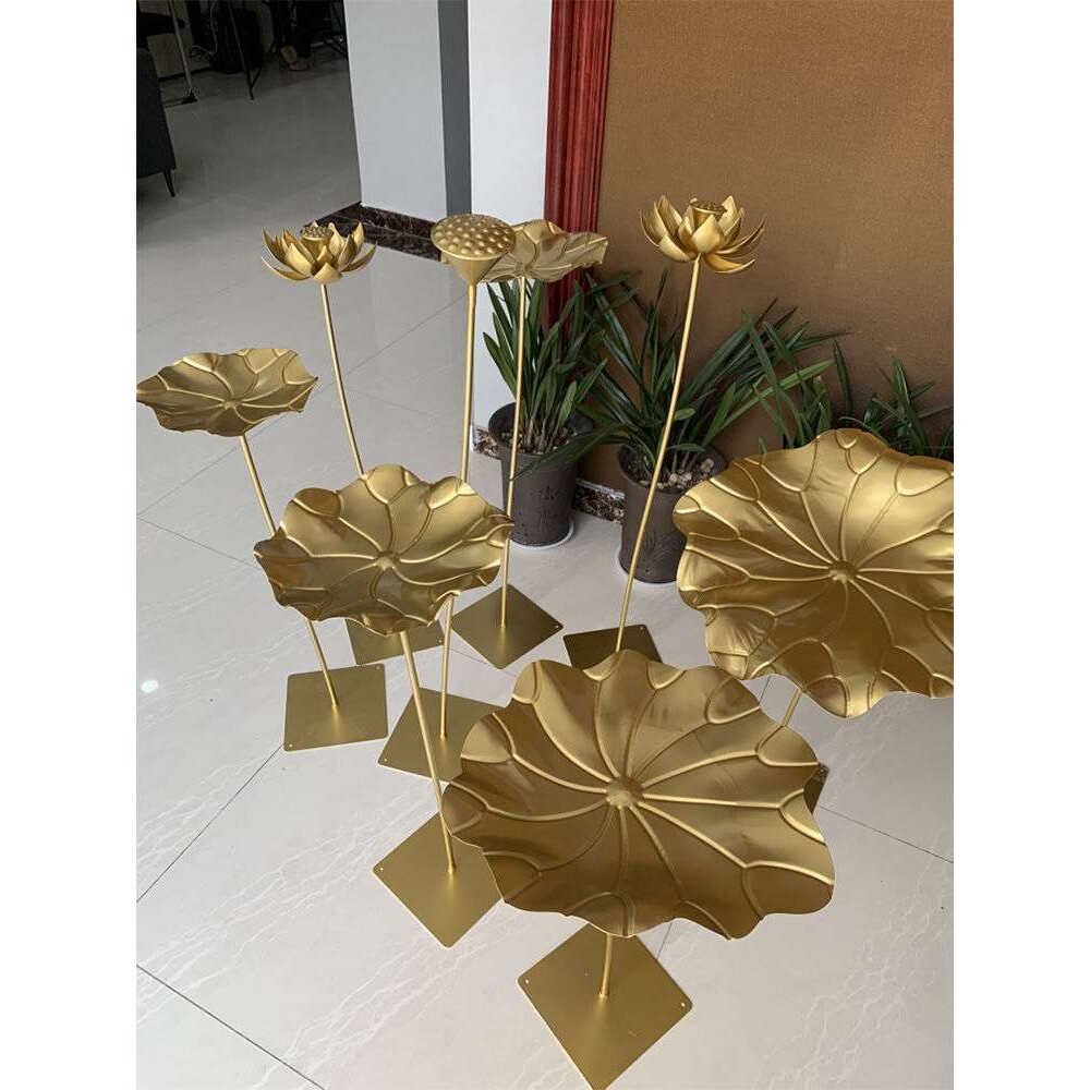 摆件花朵水景荷叶金色金属装饰莲叶莲花落地铁艺荷花摆饰庭院水池
