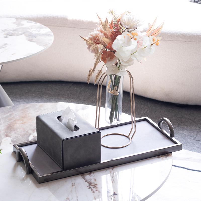 轻奢简约风金属皮质双耳托盘摆件样板间书房民宿客厅桌面软装饰品