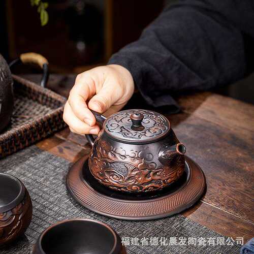 紫陶竹节壶壶承纯手工复古竹段壶家用简约茶具办公室泡茶