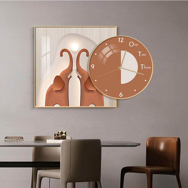 大象带时钟钟表现代简约轻奢高档壁画2022新款挂画饭厅餐厅装饰画