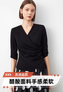 设计感衬衫 通勤时尚 上衣衬衣女2024年春夏新款 朗姿三醋酸v领短袖