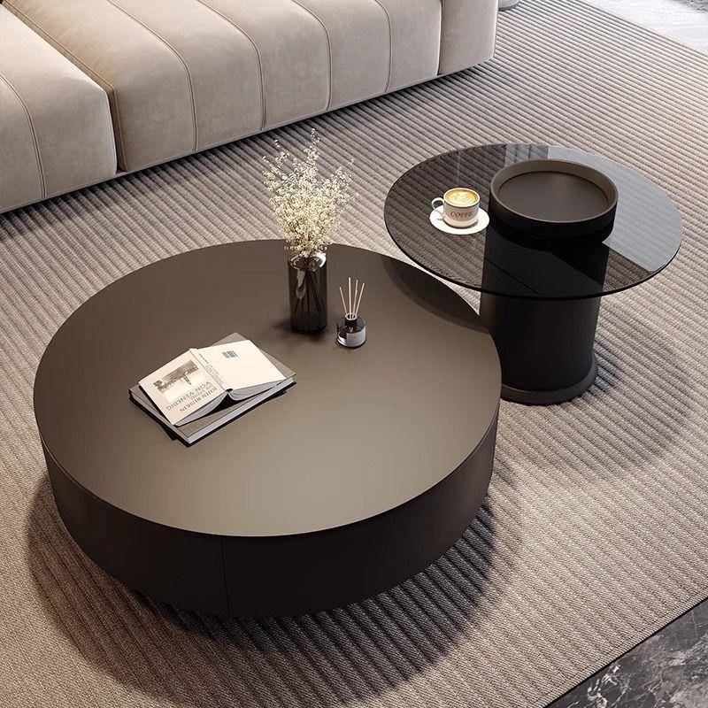 意式轻奢风岩板简约现代小户型家用高级茶几茶桌圆形客厅黑色组合