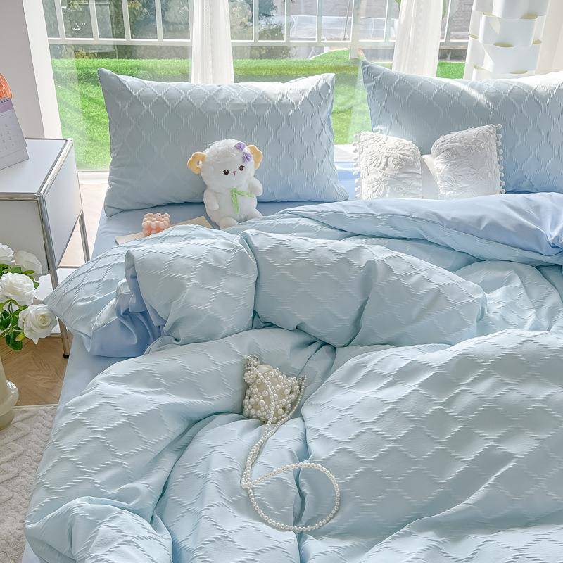 2025新款菱形格提花纯色双拼单被套床上用品四件套家纺宿舍三件套