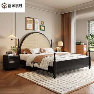 美式乡村复古风实木床1米8双人床1米5主卧法式婚床民宿藤编床黑色