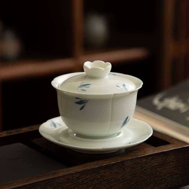 德化陶瓷【单盖碗满150ml纯手绘亮光】透明釉 淡青色 莲花泡茶碗