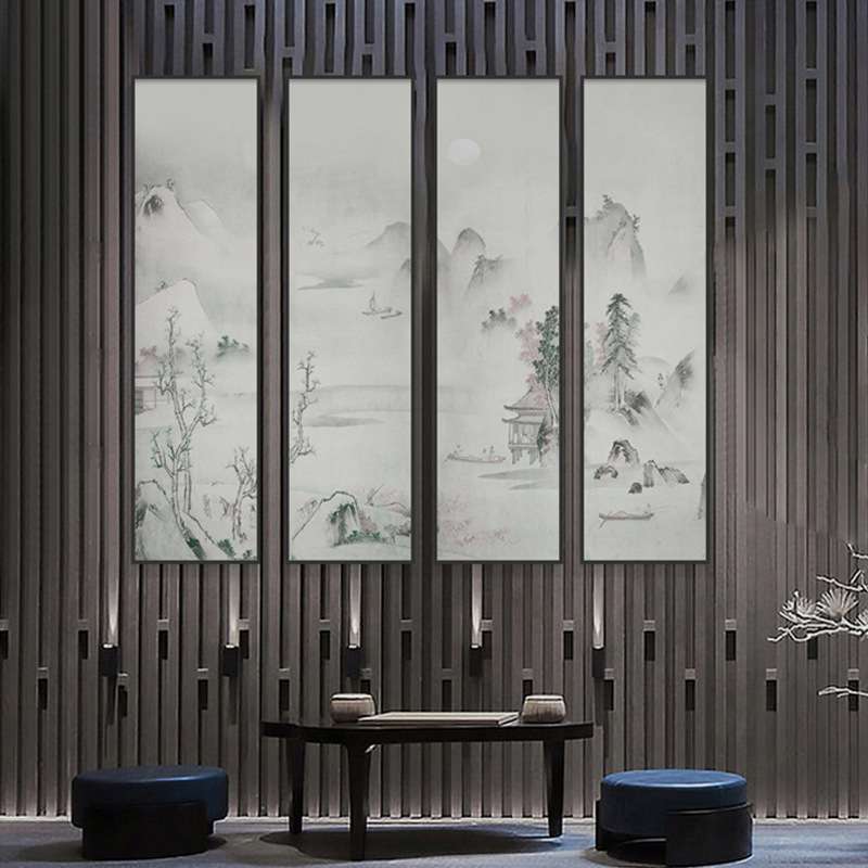 新中式装饰画竖版四联双联别墅软装挂画民宿酒店大堂禅意茶室壁画