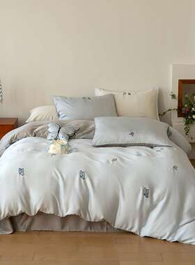 小清新淡蓝色蝴蝶刺绣60支兰精天丝四件套双面冰丝凉感丝滑床品夏