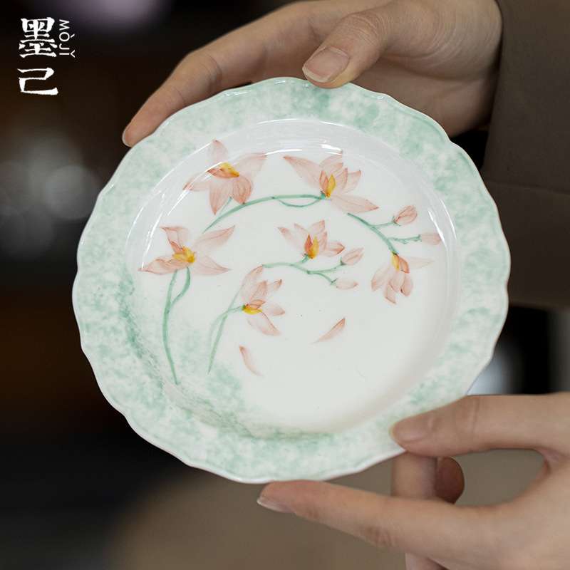 墨己玉泥白瓷手绘花边陶瓷壶承茶道配件文人器多用茶点盘干泡盘