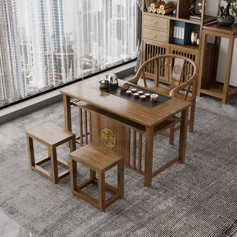 实木茶桌椅组合新中式茶台阳台家用办公功夫泡茶石盘一体储物全套