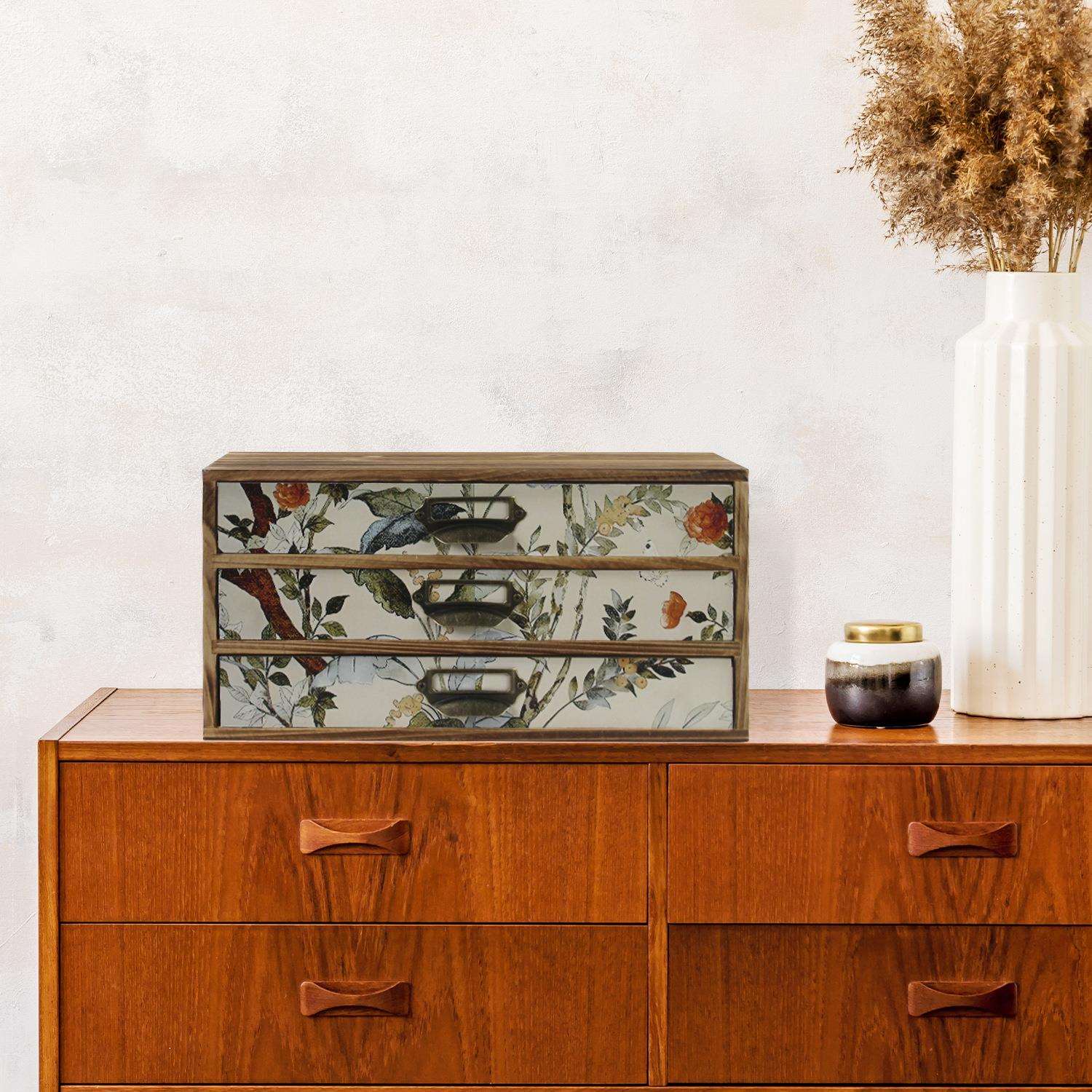 木制复古印花收纳柜饰品杂物分隔收纳抽屉桌面置物柜家用储物盒