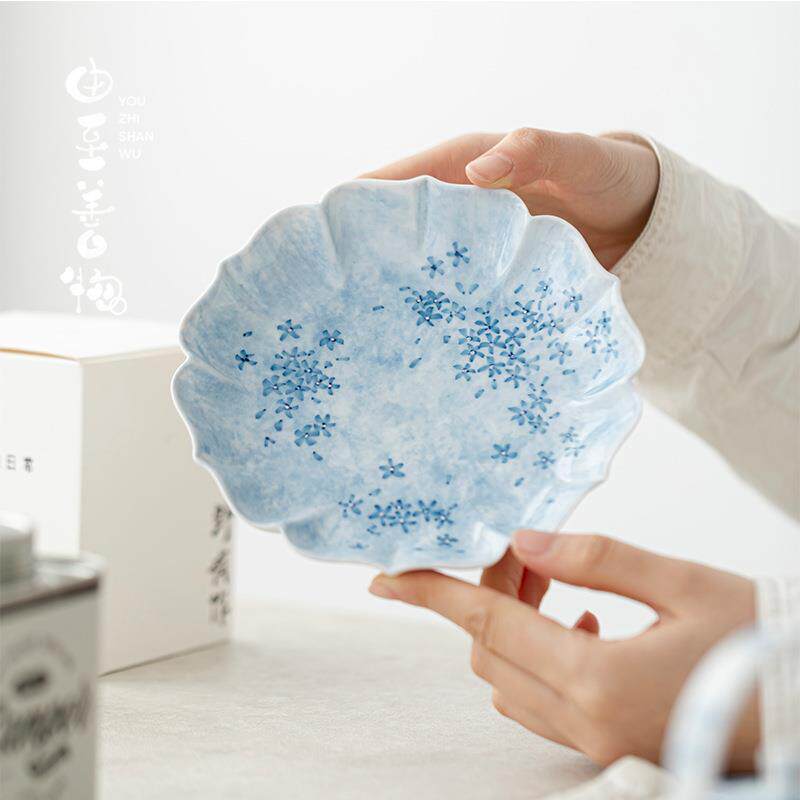 由至白瓷手绘蓝卉壶承家用陶瓷干泡盘小茶台茶点盘盖碗茶壶垫子