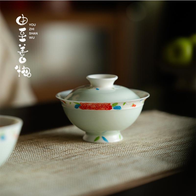 由至日式有田烧玉泥花藤环绕二才盖碗陶瓷釉下彩白瓷泡茶碗一人用