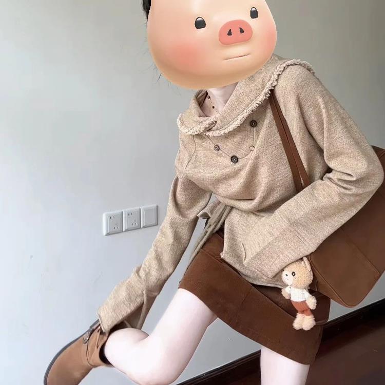 日系复古毛边翻领长袖针织衫女秋季新款设计感小众宽松卫衣上衣