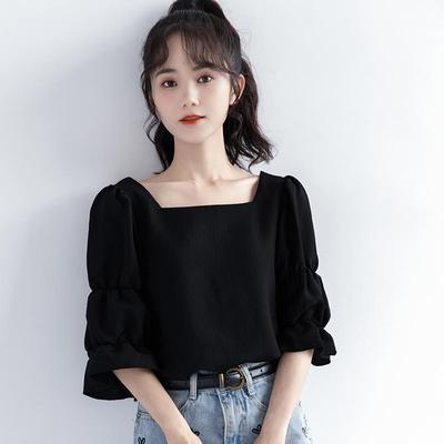 韩国2024年夏季新款短袖黑色t恤女设计感法式锁骨方领泡泡袖上衣