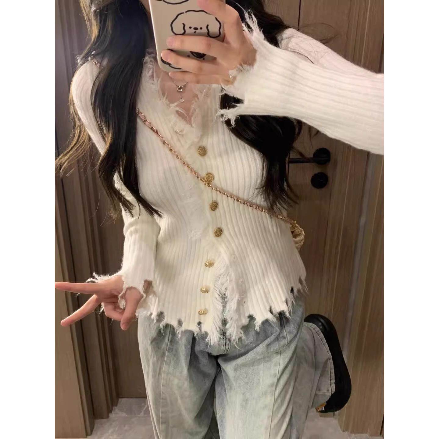 新款V领毛衣修身显瘦内搭外套针织加厚毛边设计感开衫女秋季上衣