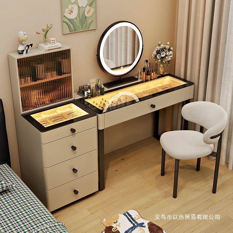 卧室奶油风全实木氛围灯高级梳妆台现代简约斗柜收纳一体化妆台