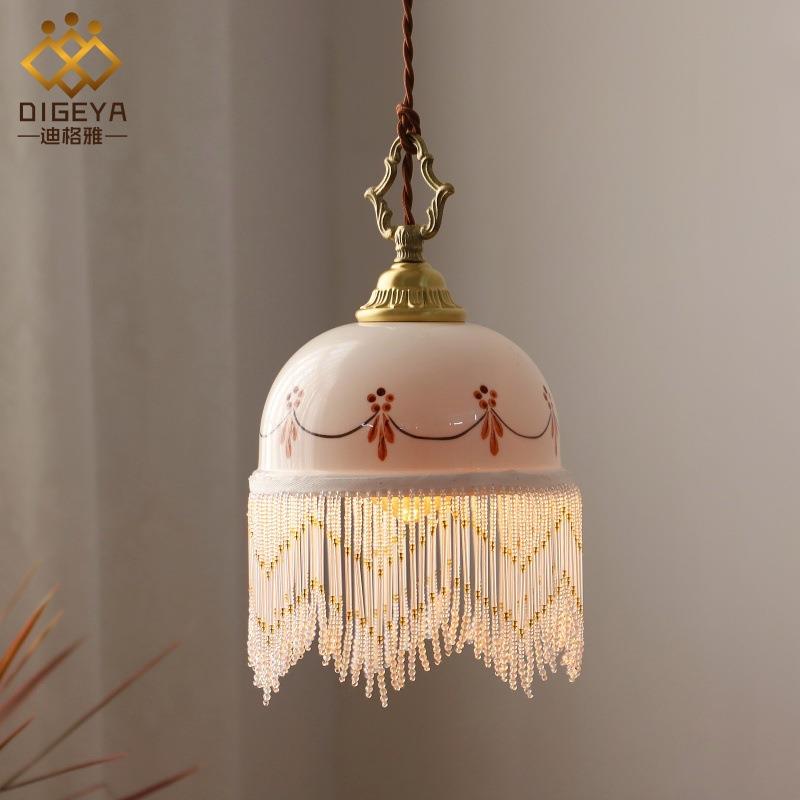 迪格雅手绘陶瓷吊灯中古风法式复古卧室床头餐厅玄关吧台流苏灯具