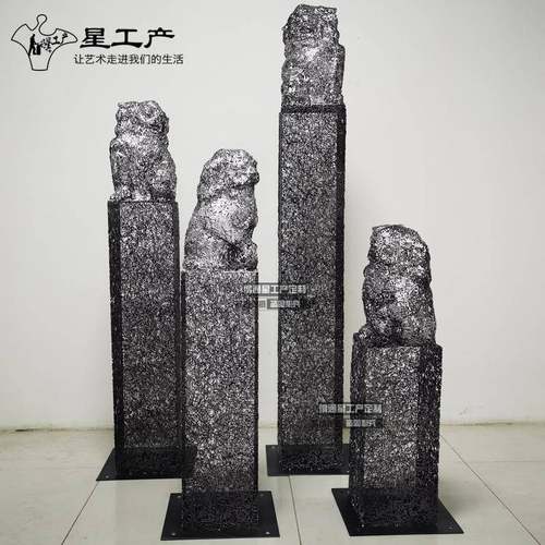 仿真栓马柱狮子不锈钢镂空铁艺金属雕塑软装售楼处室内小品摆件