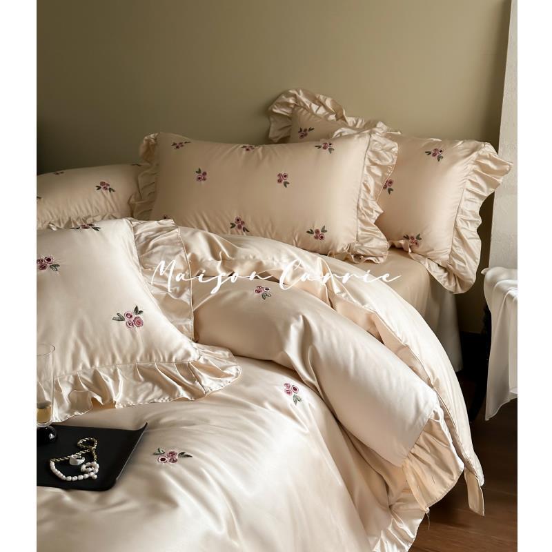 安加丽法式全棉贡缎100S长绒棉床上四件套复古刺绣花边被套床单