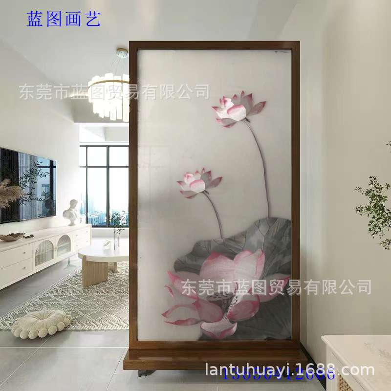 大尺寸单双面半透明纱布刺绣苏绣酒店大厅装饰画屏风玄关水墨荷花图片