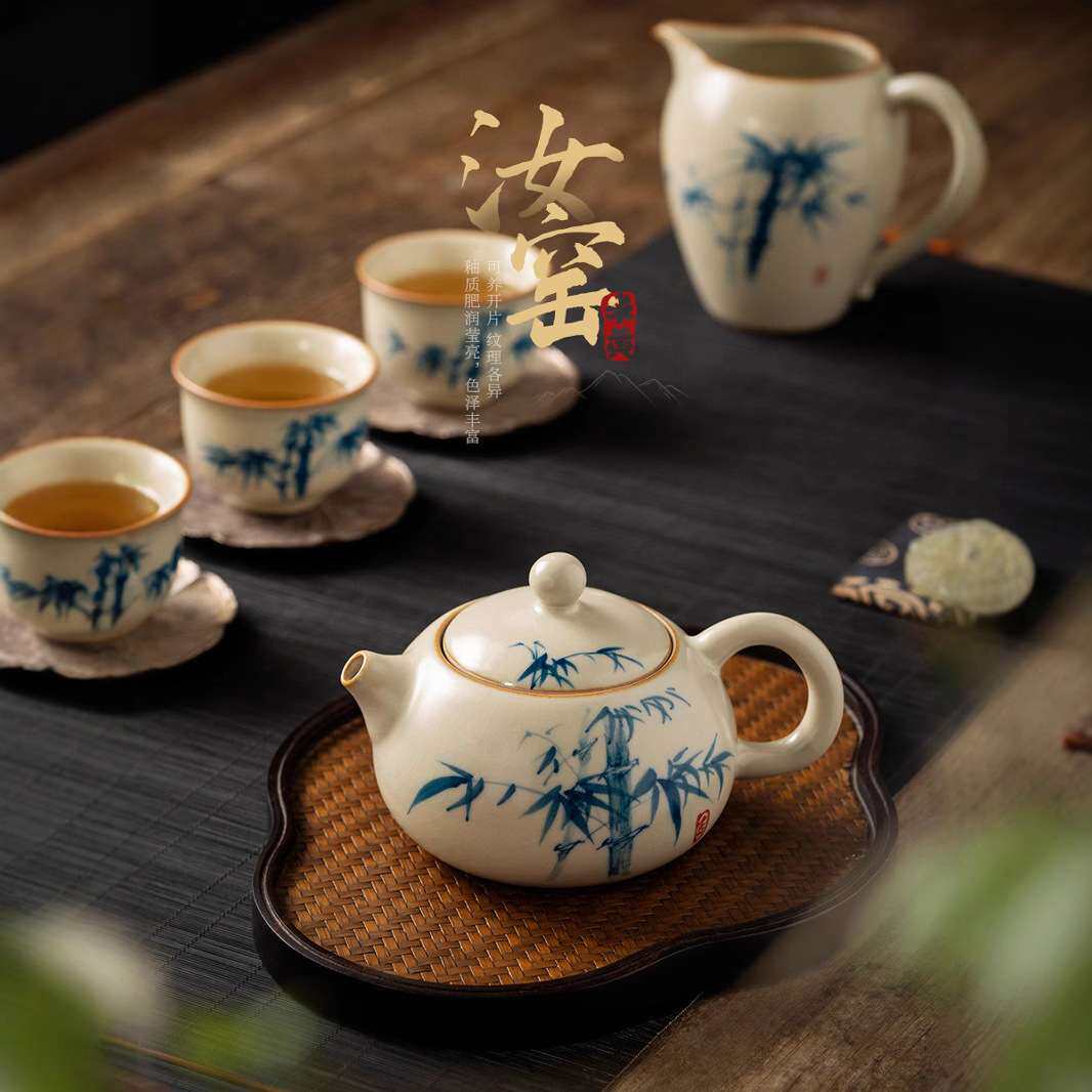 米黄汝窑手绘单茶壶家用西施壶茶具中式大号高档陶瓷泡茶器泡茶壶